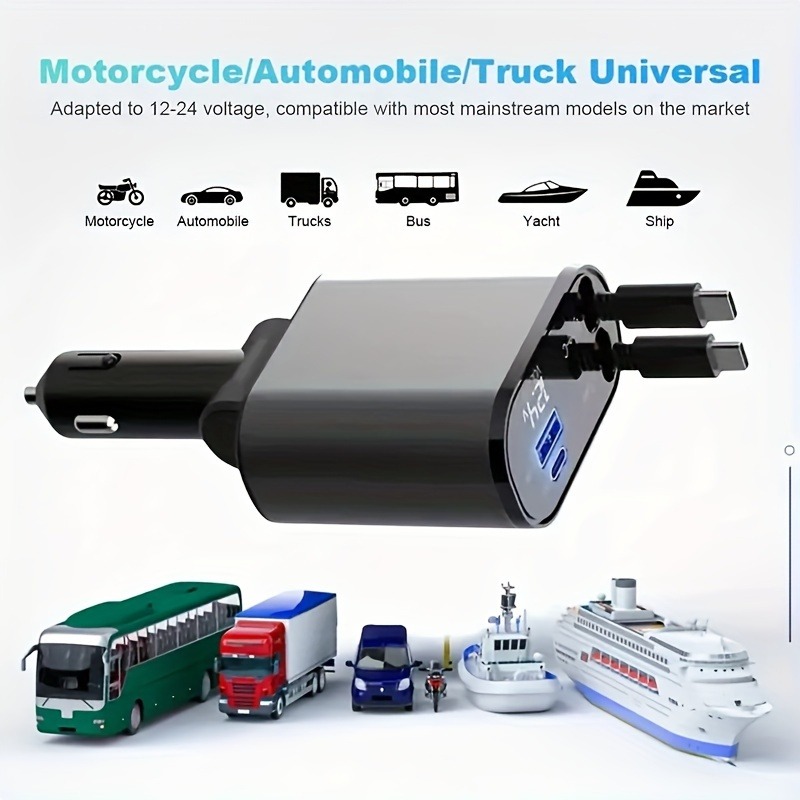 Retractable Car Charger, 4-in-1 Fast Car Phone Charger, Retractable Cable And 2 USB Ports Car Charger Adapter For Android Phones, Auto Accessories Interior